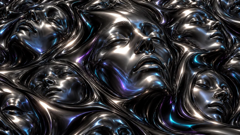 A spectral veiled form rendered in glossy glass and black chrome