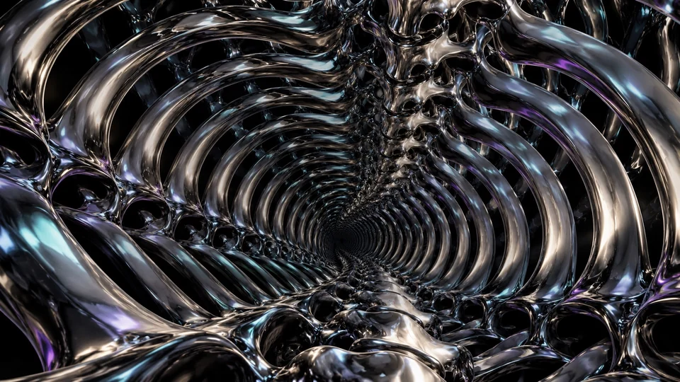 A dense sculptural arrangement of bones in liquid silver and dark chrome