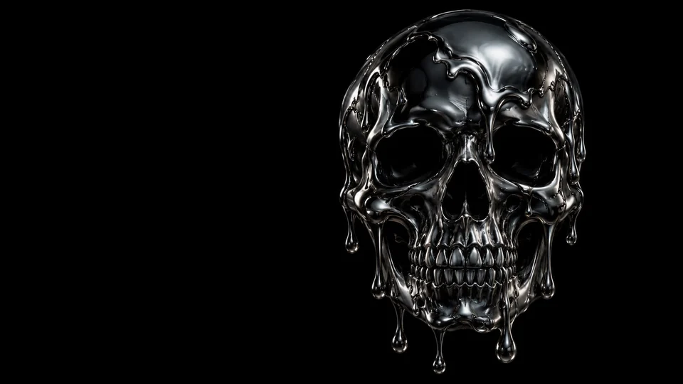 A sculptural human skull finished in glossy dripping black chrome