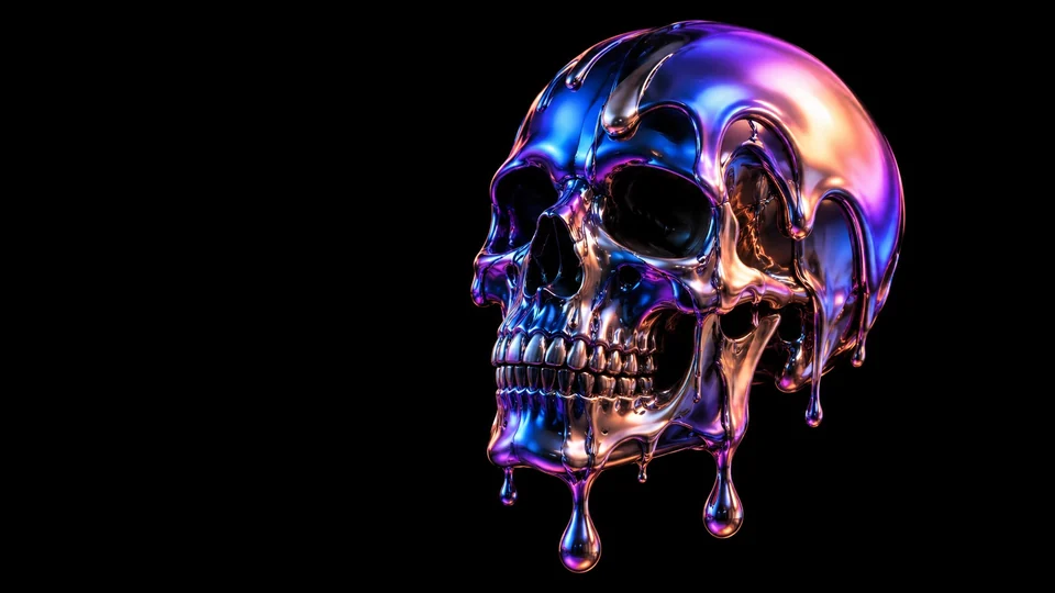 A liquid-metal skull reflecting a vivid prism of colors