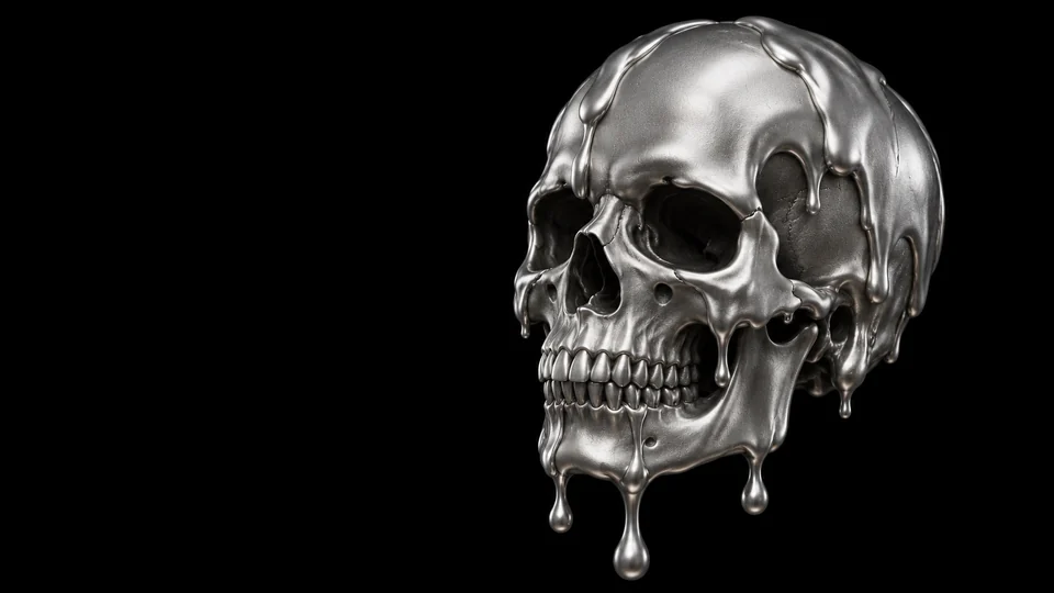 A skull sculpted in satin aluminium with flowing metallic drips