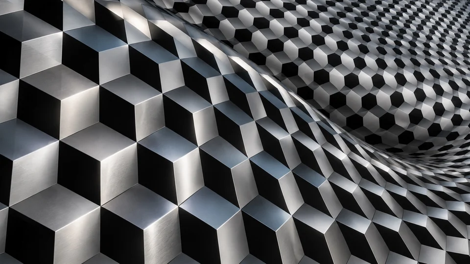 Metallic cubes arranged to create ambiguous depth