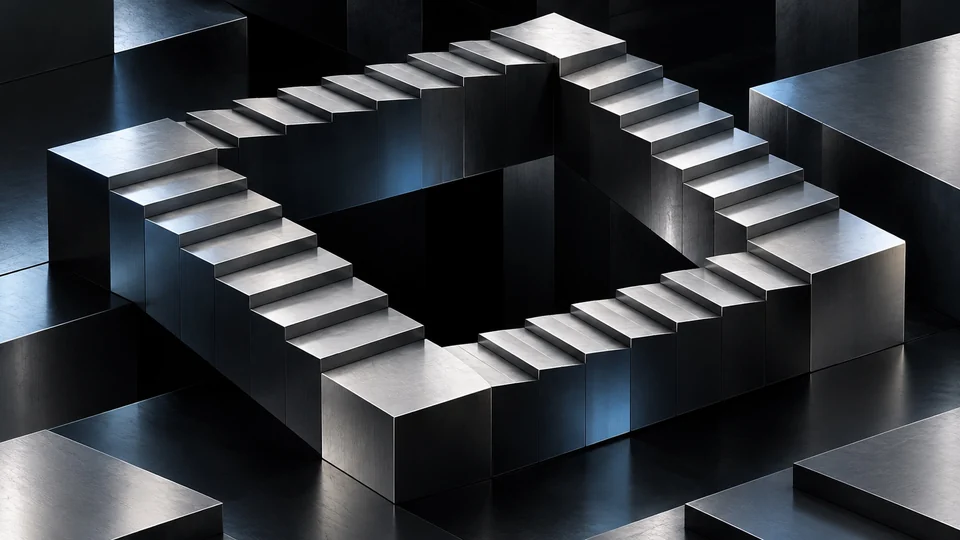 An endless geometric staircase in silver and graphite