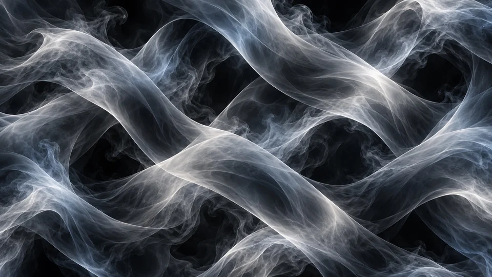 Interwoven ribbons of pale smoke against a dark background